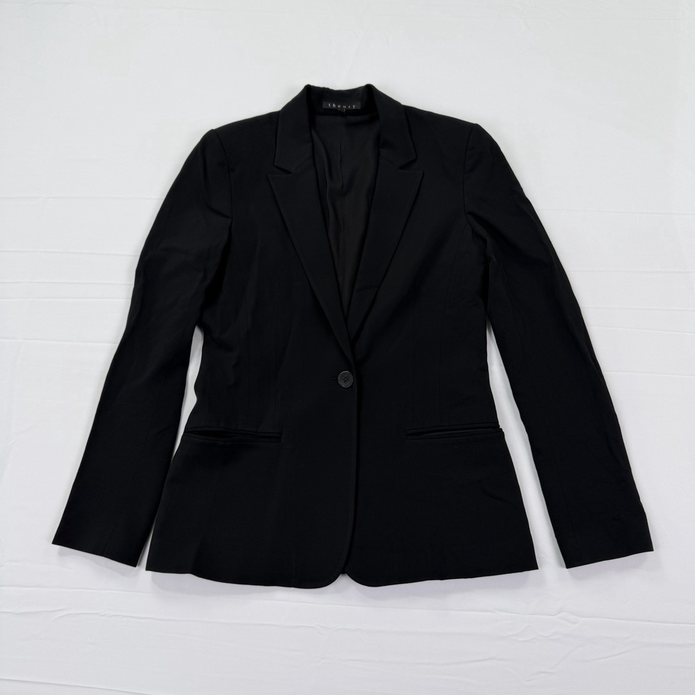Theory Women's Size 8 Black Stretch One Button Tailored Blazer Jacket USA Made